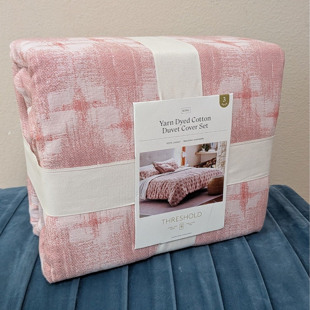 New‎ Threshold Yarn Dye Ikat Duvet Cover and Sham Set 100% Cotton Mauve King